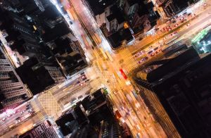 Aerial view of city at night intersection