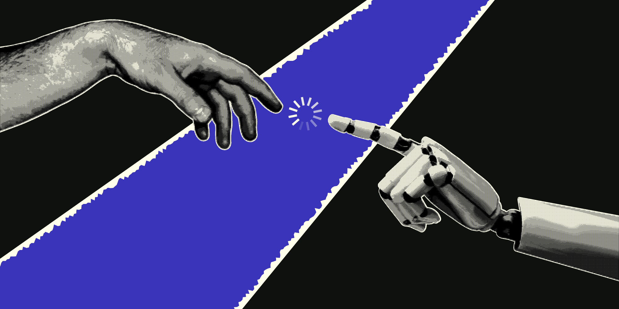 a human hand and robot hand reaching out to touch