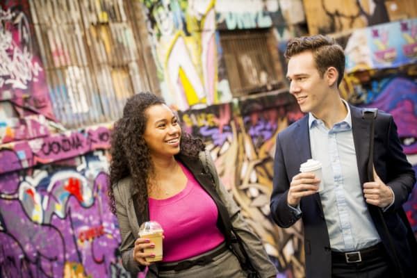 two students walking in laneway, Melbourne CBD