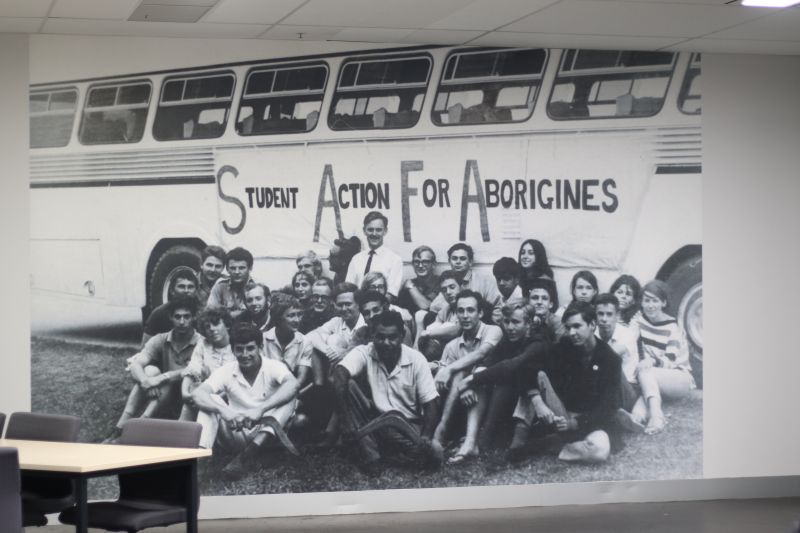 Thirty participants in front of the SAFA bus on the Australian Freedom Ride, in the town of Kempsey, New South Wales