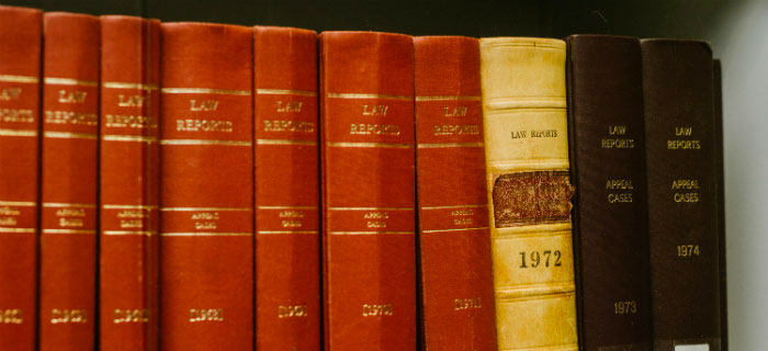 Close up of bound law reports on shelf
