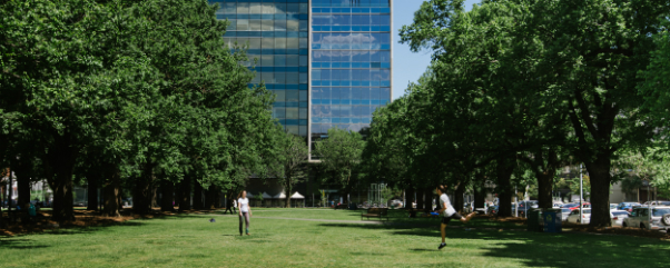 People playing game on lawn, Melbourne Law School building in background