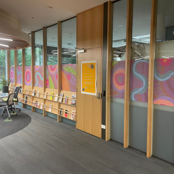 new glass decal by Carly Donovan in Hub space