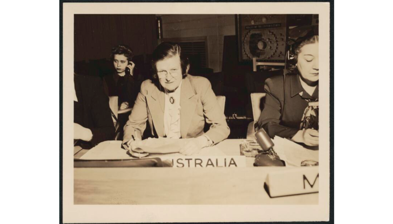 A historical photo (B&W) of Jessie Street representing Australia at the United Nations in 1945.