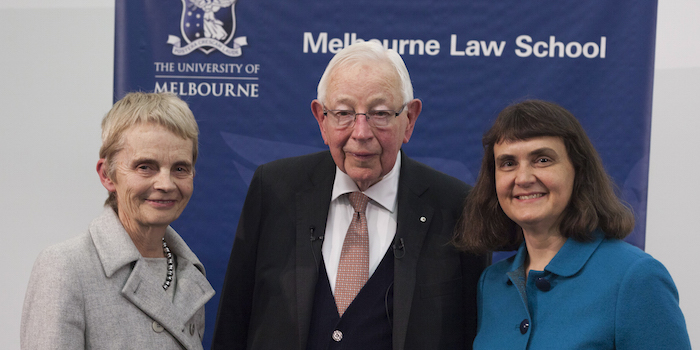 Sir Anthony Mason with Laureate Professor Emeritus Cheryl Saunders AO and MLS Dean Professor Carolyn Evans