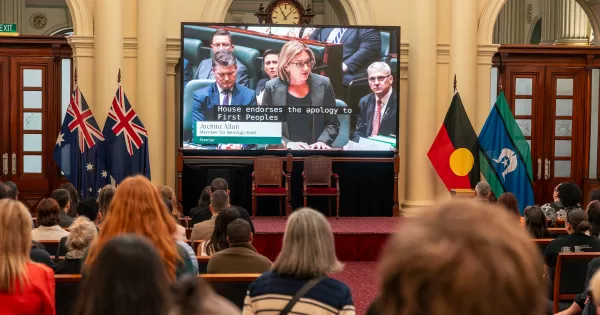 Screening of Premier Allan's apology to First Peoples.