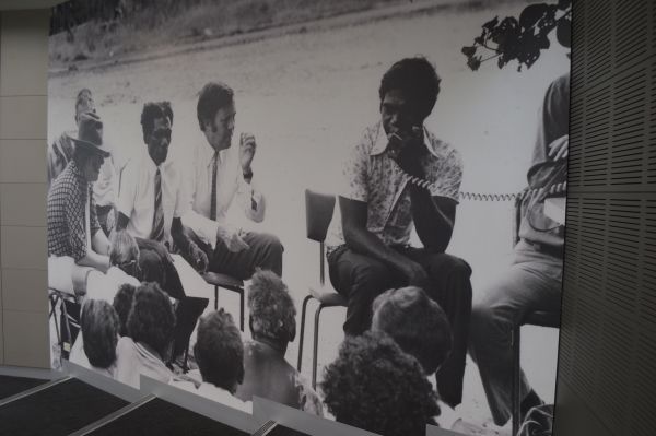 Frank Purcell OA, Roy Marika MBE, Justice Sir Edward Woodward AC, OBE, QC and Dr Galarrwuy Yunupingu OA at Yirrkala, on the Gove Peninsula on Yolŋu Country in Northeast Arnhem Land, Northern Territory – circa 1971.